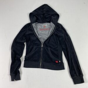 Twisted Heart Hoodie Womens Small Black Velour Beaded Heart Peace Zip Up